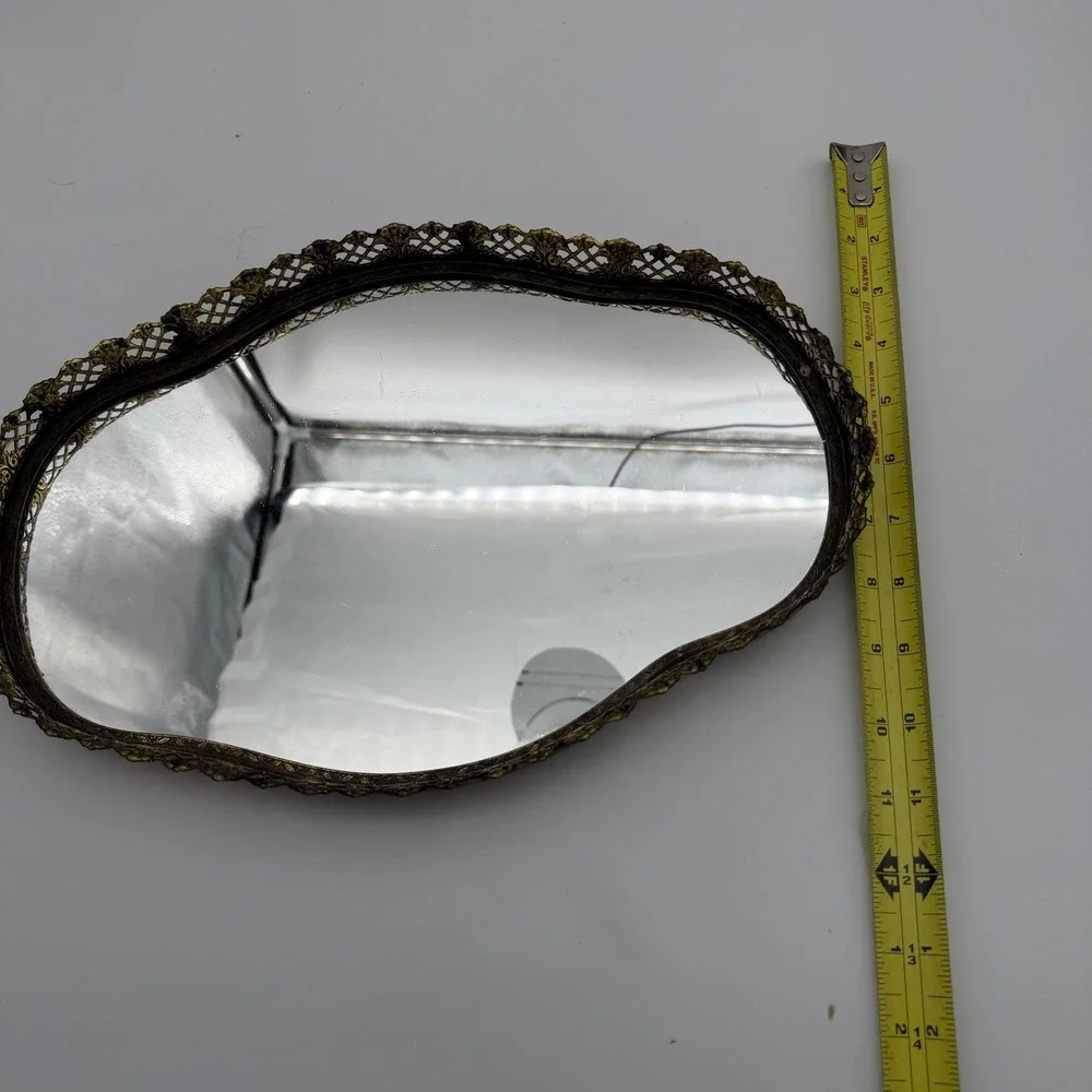 Vintage Ornate Gold Filigree Mirror Vanity Tray Kidney Shaped Hollywood Regency